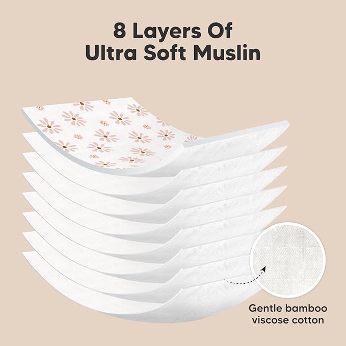 5-Pack Muslin Burp Cloths Baby Boy, Girl - Very Absorbent Baby Burp Cloth Rags, 8-Layers Viscose Derived from Bamboo Cotton Muslin Towel, Super Soft Spit Up Rags, No Shrink Washcloths (Petals)