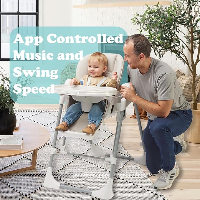 PrimoBaby SnuggleBug 2-in-1 Infant Swing & High Chair, Adjustable Seat Recline, Height, & Feeding Tray, App Control, Music & Nature Sounds, Toy Bar, Ergonomic Cushion, 5 Point Safety Harness