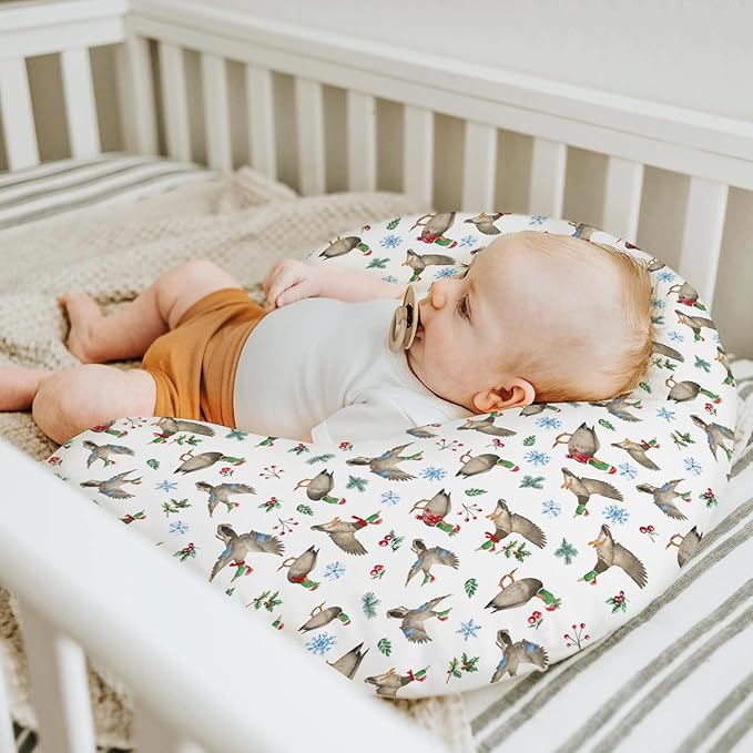 Christmas Mallard Ducks Baby Nursing Pillow Covers for Boy Girl Winter Green Ducks Fir Leaves Snowflakes Nursing Pillowcase for Breastfeeding Pillows Hunting Ducks Soft Stretchy Slipcovers for Newborn