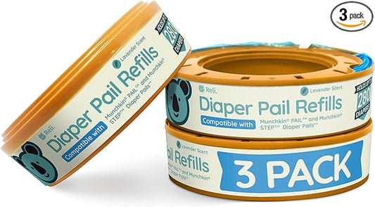 Reli. Diaper Pail Refill Bags, Compatible with Munchkin Step, Pail (3 Pack) | Pail Refills w/Lavender Scent | Odor Blocking, Strong, Easy Replacement | Holds up to 840 Diapers