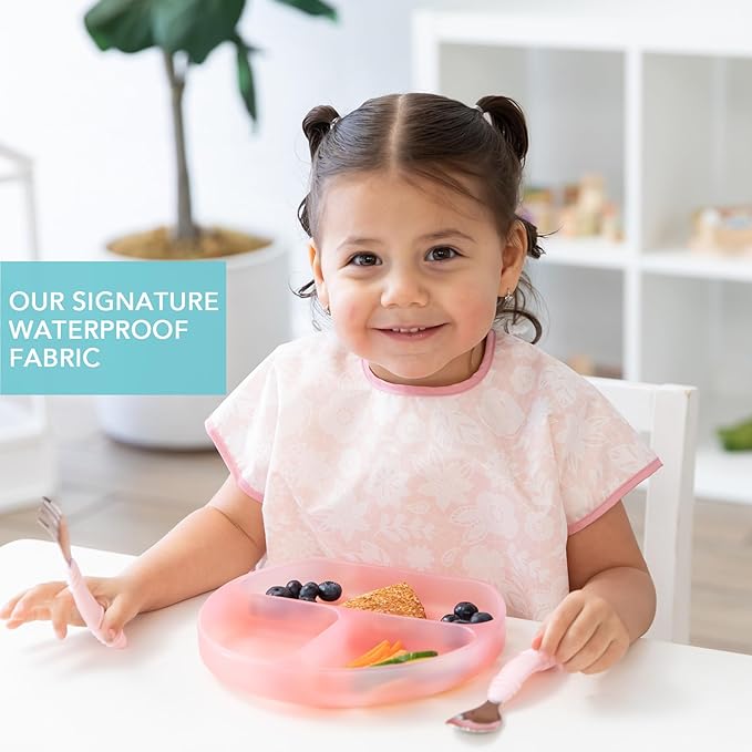 Bumkins Short Sleeve Bib for Girl or Boy, Toddler and Kids for 1-3 Years, Large Size, Essential Must Have for Junior Children, Eating, Mess Saving Soft Fabric Apron for Play, Lace Pink