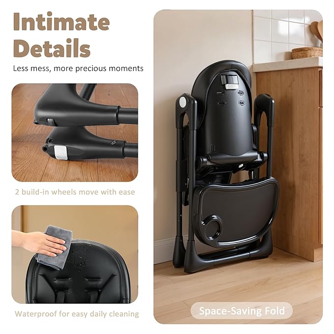 TODEFULL 3 in 1 Foldable Baby High Chair, Infant High Chairs for Babies and Toddlers, 6 Height & 5 Recline Adjustable Toddler Feeding Chair, 2 Tray Depth & 3 Footrest Angles, 2 Built-in Wheels, Black