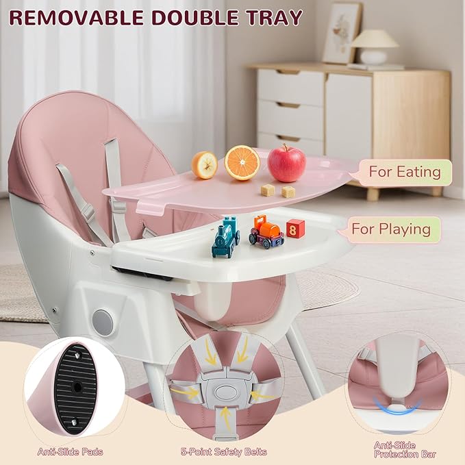 Ktaxon Foldable Baby High Chair, 2-in-1 Portable Convertible Highchair with 5-Point Safety Harness, Easy to Clean Tray and Storage Bag for Toddlers & Babies, Pink