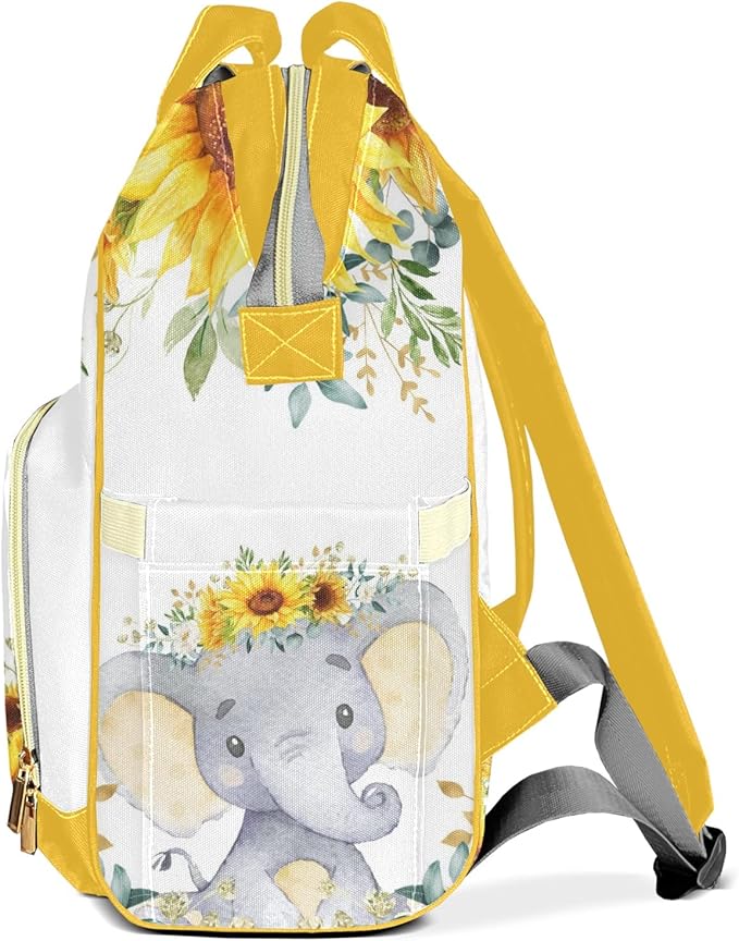 Cute Elephant Sunflowers Cute Diaper Bag Baby Nappy Bag Daughter Multi-Function Custom Baby Bag Picnic Diaper Carrying Bag Unisex Gifts with Name