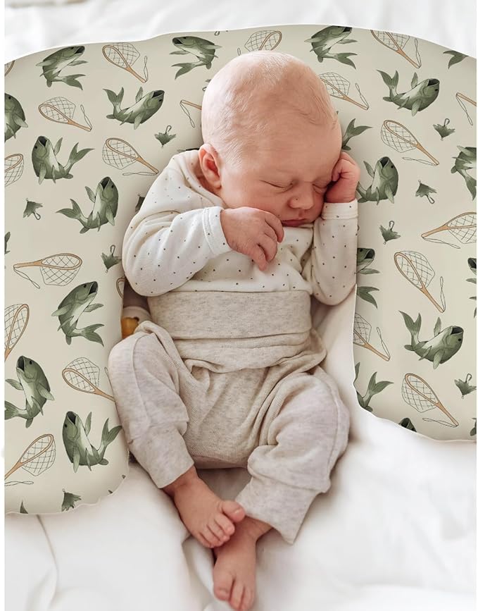 Gone Fishing Baby Nursing Pillow Covers for Boy Girl Vintage Bass Fishes Net Lake Nursery Pillowcase for Breastfeeding Pillows Fishing Lovers Gift Soft Stretchy Slipcovers for Newborn Infant