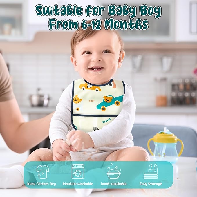 6Pcs Waterproof Toddler Bibs Baby Feeding Bib Set with Crumb Catcher Pocket, Infant Adjustable Baby Teething Bib, Babies Sleeveless Vehicles Food Bibs Keepsake Gift for Baby Shower, 6-24 Months