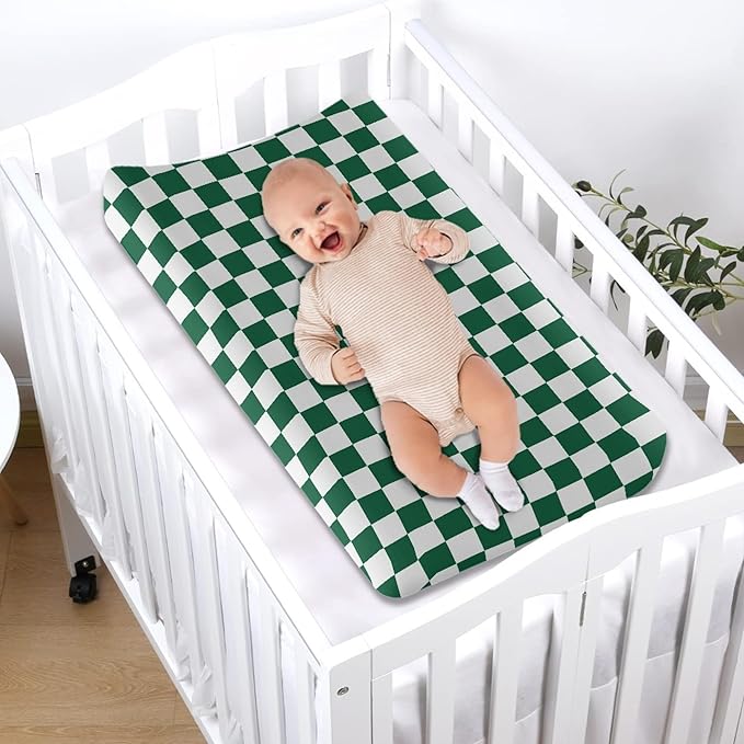 Deep Green Checkered Changing Pad Cover for Baby Girls Boys Cartoon Breathable Diaper Change Table Sheet Soft Stretchy Cute Change Table Mat Cover Fit 32x16