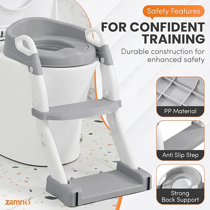 Upgraded Potty Training Seat with Step Stool Ladder – 6-in-1 Foldable Toddler Toilet Seat with Adjustable Height, Anti-Slip Steps & Detachable Bowl for Boys & Girls Ages 1-7 (Gray & White)
