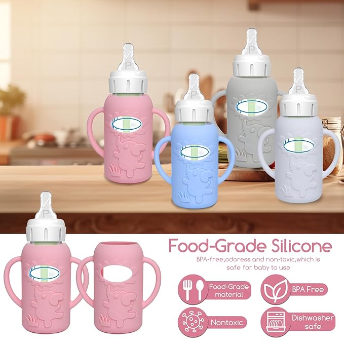 4 Pack Silicone Sleeves for Dr. Brown's Glass Baby Bottles -Drop Protection Easy-Grip Baby Bottle Sleeves Holder with Handles, Compatible with Dr. Brown's Newborn Glass Bottles 4 oz/120 ml