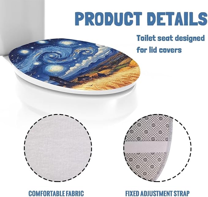 Toilet Lid Covers Flannel Fabric Breathable Toilet Seat Covers Starry Night Oil Painting Toilet Lid Cover Dustproof Seat Covers Keep Clean Tidy Reusable Toilet Protector