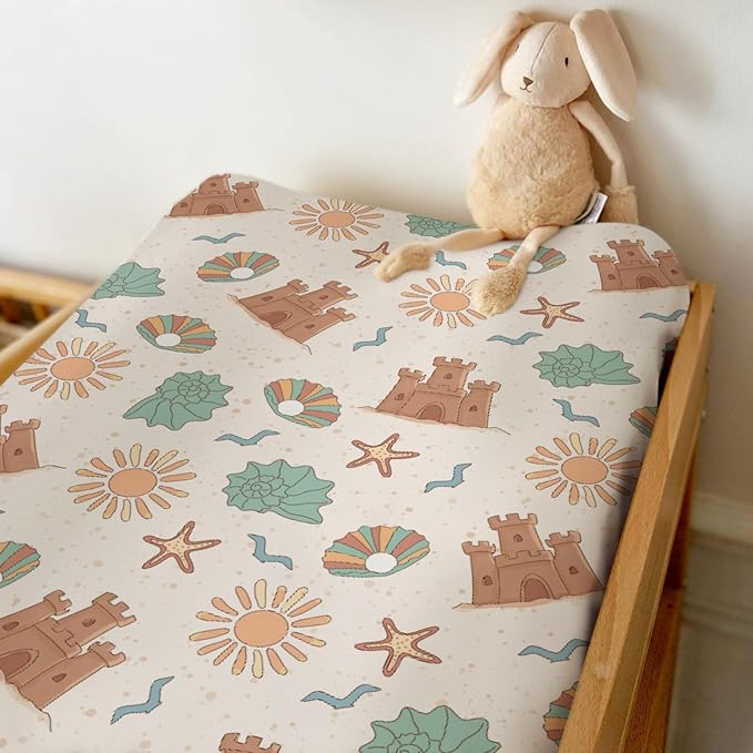 Boho Beach Summer Changing Pad Covers for Baby Girls Boys Retro Seaside Holiday Fitted Change Table Pad Covers Mats Sun Seashells Castle Soft Diaper Changing Pad Sheets for 32''×16'' Contoured Pad