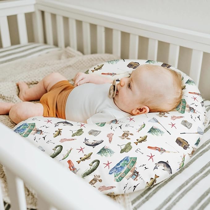 Gone Fishing Baby Nursing Pillow Covers for Boy Girl Ocean Boats Fishes Crabs Seaweed Nursing Pillowcase for Breastfeeding Pillows Fishing Lovers Gift Soft Stretchy Slipcovers for Newborn Infant