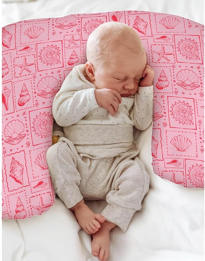 Pink Seashells Baby Nursing Pillow Covers for Boy Girl Boho Beach Conch Nursery Feeding Pillowcase for Breastfeeding Pillows Pastel Summer Coastal Soft Stretchy Removable Cover for Newborn Infant