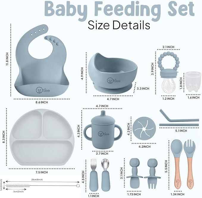 O'doe 17-Piece BPA-Free Silicone Baby Feeding Set | Thick & Soft Suction Plates, Baby Bowls, Wooden Fork & Spoon, and More | Make Mealtime Fun and Easy for Your Little One (Blue, V2)