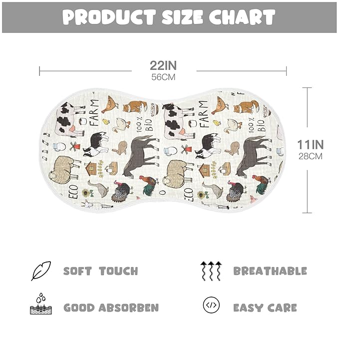 Kigai Farm Animals Muslin Baby Burp Cloths - Super Absorbent and Soft Burping Rags - Cotton Burp Clothes Set for Boys and Girls, 1 Pack