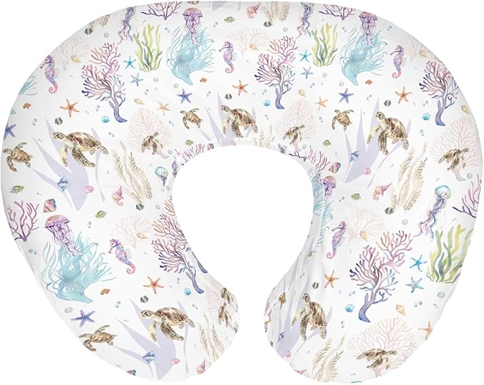 Retro Sea Animals Baby Nursing Pillow Covers for Boy Girl Boho Sea Horse Turtle Jellyfish Starfish Coral Nursing Pillowcase for Breastfeeding Pillows Ocean Marine Soft Stretchy Slipcovers for Newborn