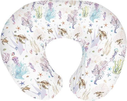 Retro Sea Animals Baby Nursing Pillow Covers for Boy Girl Boho Sea Horse Turtle Jellyfish Starfish Coral Nursing Pillowcase for Breastfeeding Pillows Ocean Marine Soft Stretchy Slipcovers for Newborn