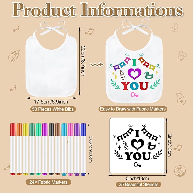Panitay 100 Pcs DIY Baby Bibs Decorating Kit 50 White Bibs 25 Stencils 24 Markers 1 Baby Shower Game Sign
