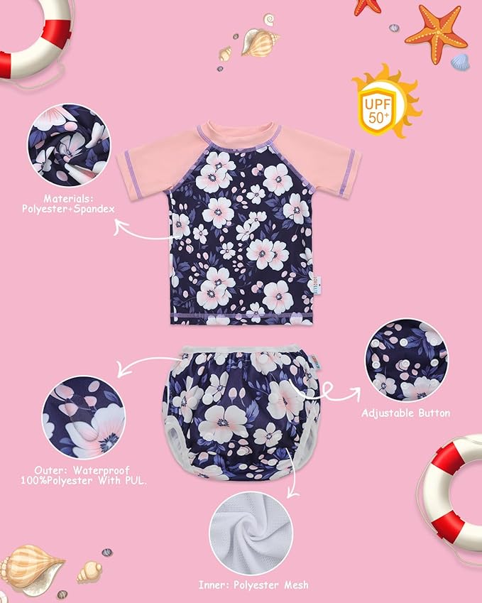 ALVABABY Baby Girl Swimsuit, 2-Piece Infant Toddler Bathing Short Sleeve Swimwear, Large Baby Reusable Swim Diaper with Matching Top