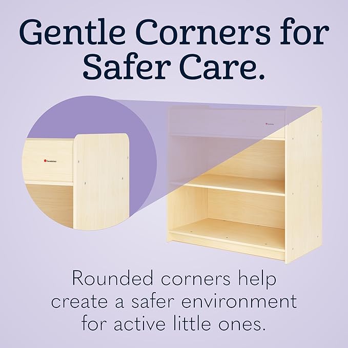 Foundations SafeStart Daycare Changing Table, Durable Wood Construction, Built-in Shelving for Ample Storage, Adjustable Safety Strap, Includes Foam Mattress Pad (Natural)