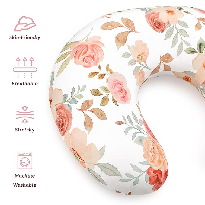 Nursing Pillow Cover, Breastfeeding Pillow Covers for Baby Girls Boys, Soft Stretchy Nursing Pillowcase for Infant Newborn, Removable Slipcover for Breast Feeding Pillows, Floral (Only Cover)