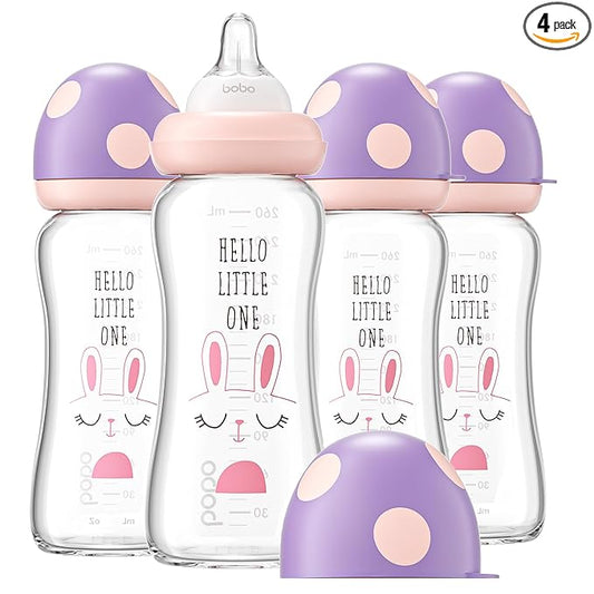 YOHKOH Natural Glass Baby Bottle with Level 2 Medium Flow Nipple, Newborn Anti-Colic Baby Bottles, Wide Neck Mushroom Baby Glass Bottle ((8.8oz (Pack of 4), Purple-A)
