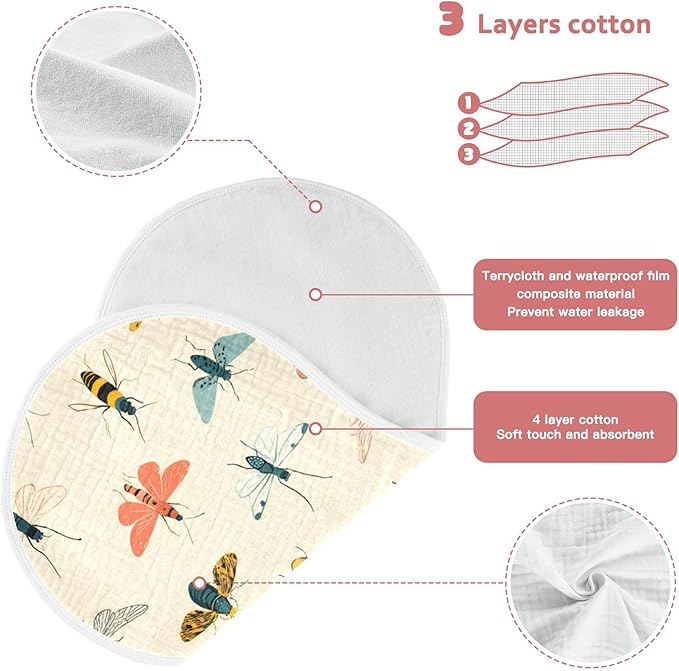 Insects Pattern Cute Burp Cloths Baby Boys Girls Absorbent Soft Cotton Burping Cloths Rags, 2 Pack