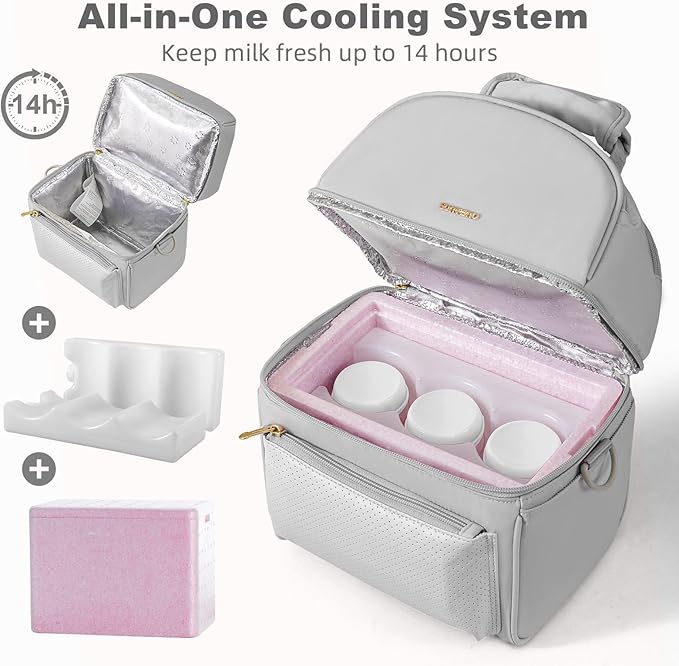 SUNVENO Breast Milk Cooler Bag with Detachable Insulation Box, Double-Layer Pumping Travel Bag for Work & Daycare, Fits Bottles, Ice Packs and Pump Parts,Grey