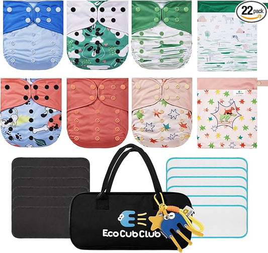 Reusable Washable Cloth Diapers 6pcs for Baby Shower,Leak-Proof Double Gussets Quick-Dry AWJ Lining,12 Soft Fleece Inserts & 2 Wet Bags,Packed in Durable Travel Handbag&Key Chain-B-07-A