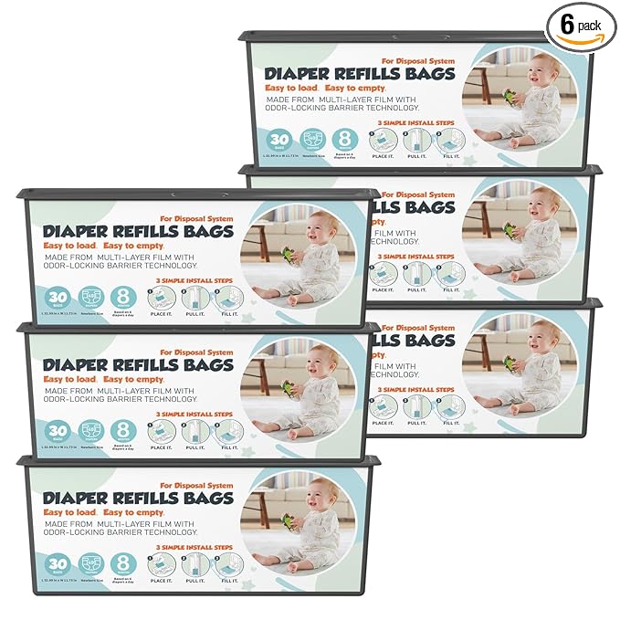 Diaper Pail Refills Bags with 30 Bags Compatible with Genie Easy Roll Signature and Platinum Diaper Pails, 7-Layer Odor-Barrier Technology, 6 Pack (180 Bag)
