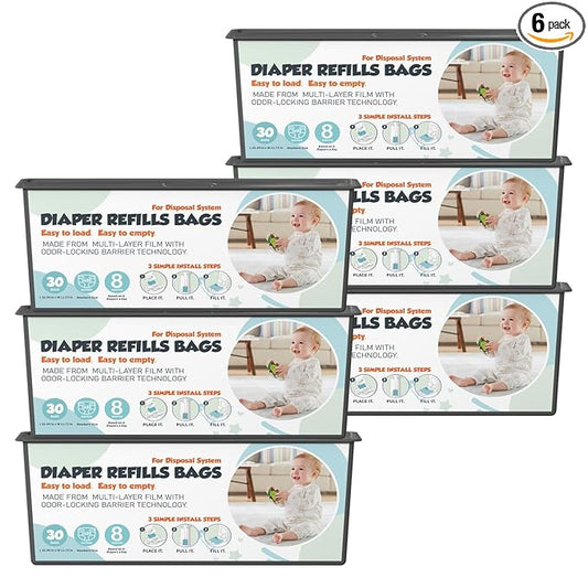 Diaper Pail Refills Bags with 30 Bags Compatible with Genie Easy Roll Signature and Platinum Diaper Pails, 7-Layer Odor-Barrier Technology, 6 Pack (180 Bag)