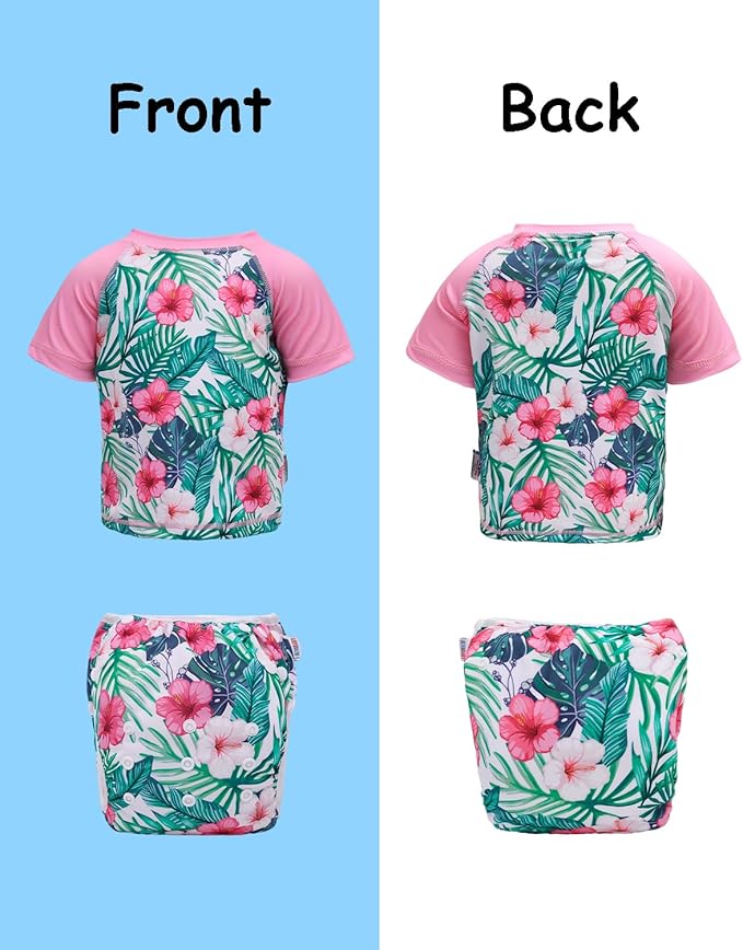 ALVABABY Baby Girl Swimsuit, 2-Piece Infant Toddler Bathing Short Sleeve Swimwear, Small Baby Reusable Swim Diaper with Matching Top