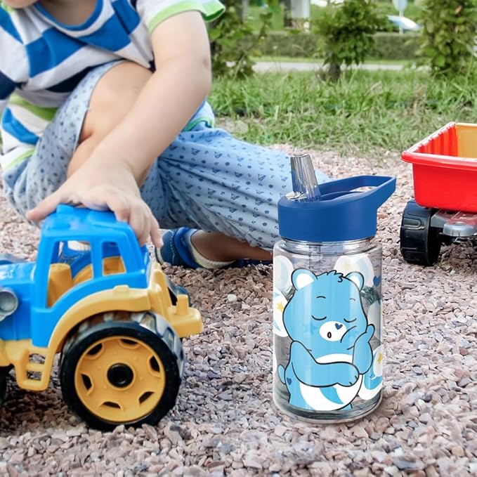 LOGOVISION Care Bears Kids Tritan Plastic Water Bottle with Straw Lid and Handle, Reusable Tumbler for Toddlers, Unisex for Girls and Boys, 12oz, Bedtime Bear Belly Pattern