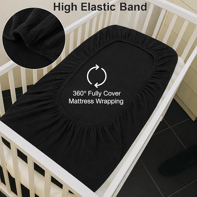 2 Pack Black Muslin Crib Sheets for Boys & Girl- Neutral Breathable Cotton Crib Mattress Sheets Fitted for Standard 28"x 52"- Nursery Décor No Slip Crib Bed Sheets