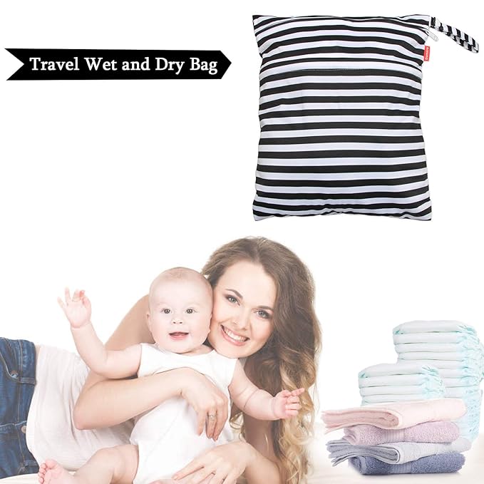 Damero Travel Wet and Dry Bag with Handle for Cloth Diaper, Pumping Parts, Clothes, Swimsuit and More, Easy to Grab and Go (Large, Black Strips)