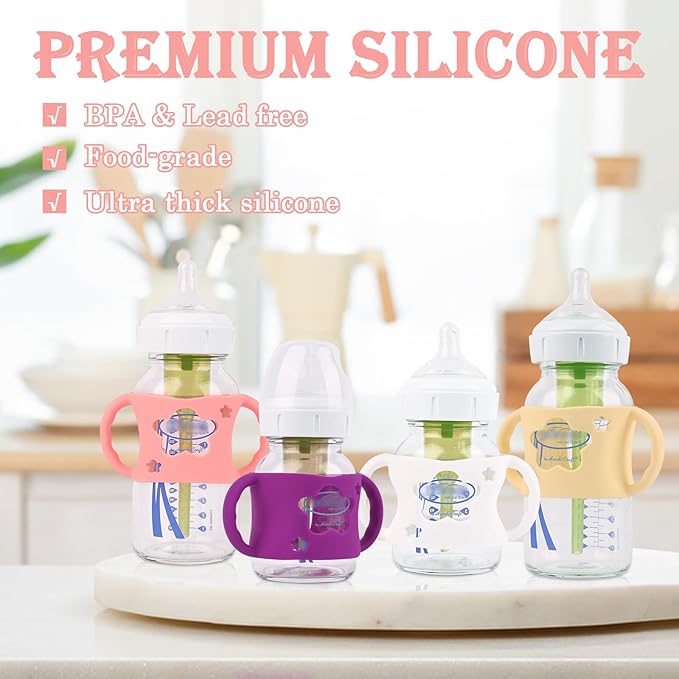 4 Pack Baby Bottle Handles, Silicone Bottle Handles for Dr Brown Wide-Neck Baby Bottles (White+Pink+Purple+Yellow)