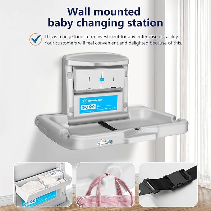 Baby Changing Station Commercial,Wall Mounted Baby Changing Station with Safety Strap,Wall Mounted Changing Table for Commercial Bathroom, Baby Changing Station that Makes Every Mother Happy