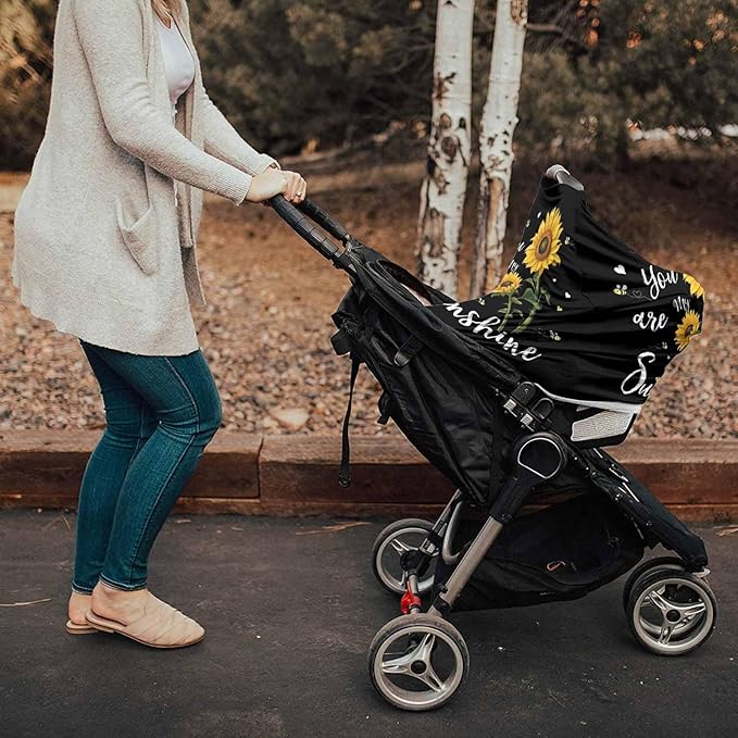 Sunflowers Car Seat Covers for Babies Boy Girl Capony Covers You're My Sunshine Nursing Cover Breastfeeding Scarf Breathable Stretchy Coverage, Floral Bees Black Infant Stroller Cover Shopping Cart