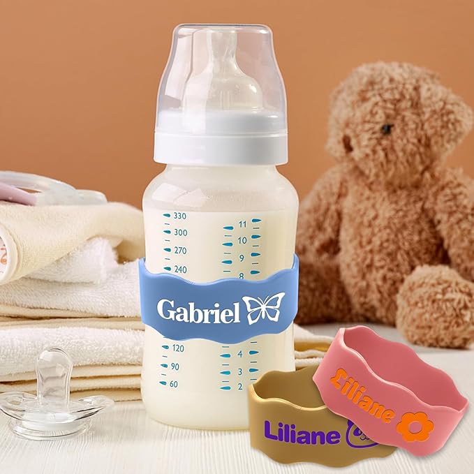 Custom Baby Bottle Labels for Daycare Silicone Water Bottle Name Bands Personalized Reusable Baby Bottle Straps for Kids Cups School(Brown)