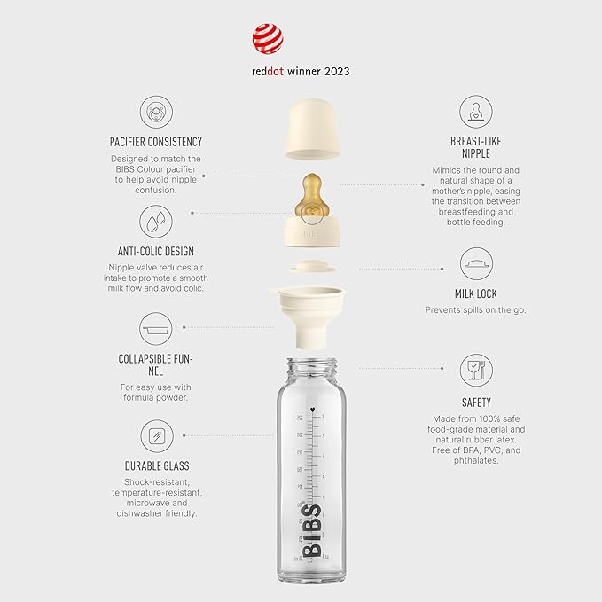Bibs Baby Glass Bottle | Anti-Colic Borosilicate Glass Bottles | Natural Vented Round Natural Rubber Latex Nipple | Consistent Flow Rate | 7.6 oz/225 ml | 2 Pack | Ivory/Sage