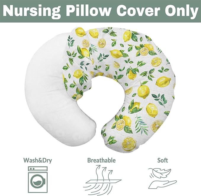 Watercolor Lemons Baby Nursing Pillow Covers for Boy Girl Retro Yellow Lemon Green Leaves Nursery Slipcovers for Breastfeeding Pillows Tropical Summer Fruits Soft Stretchy Covers for Newborn Infant