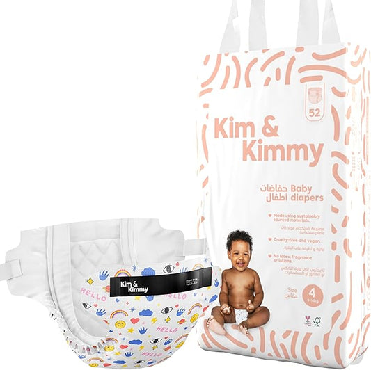 Kim & Kimmy Eco Diapers, Size 4, 20-31 lbs, 52 Diapers - 12 Hour Leak Protection, No Rashes, Hypoallergenic, Ultra-Soft & Highly Absorbent - Cruelty Free & Vegan - Funny Icons
