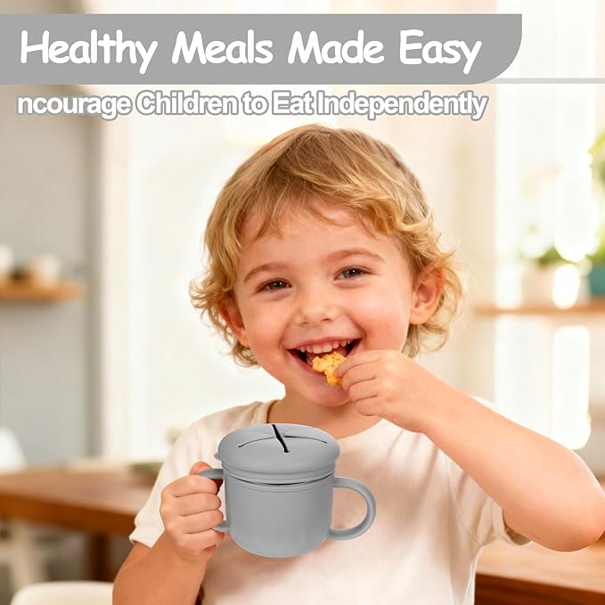 Toddler Snack Containers Stainless Steel Spill-Proof Snack Containers for Toddlers with Spill-Proof Silicone Lids and Handles 4-in-1 Baby Snack Cup is Dishwasher Safe for Easy use On The Go（Grey）