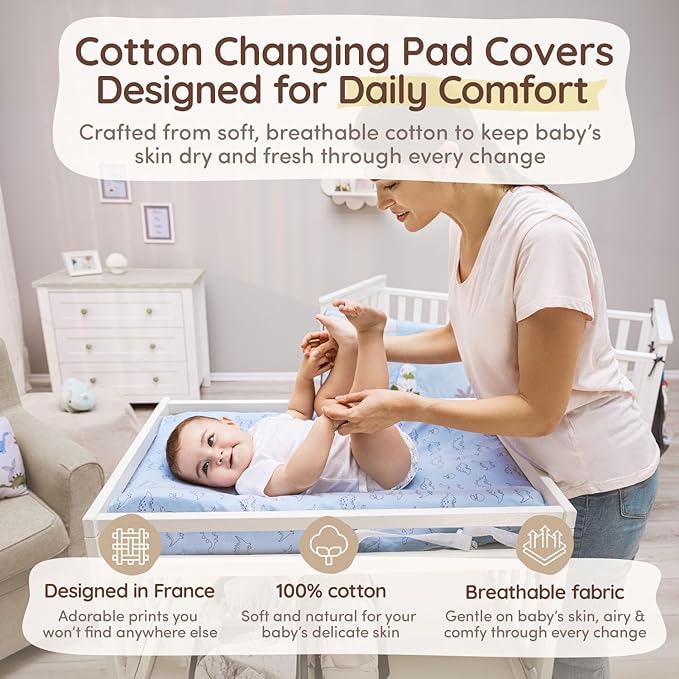 Baby Changing Pad Covers Table Sheet 32"x 16", 8" Deep Pocket - Diaper Cotton Dinosaur Changing Pad Cover, 100% Cotton Cover Sheets 2 Pack, Dino Baby Sheets, Designed in France, Dino Safari