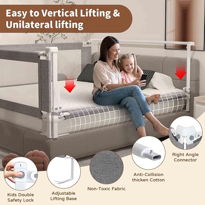 Bed Rail for Toddlers, 1-Piece Height Adjustable Bed Guard Rail for Kids, Baby Safety Side Protector for Twin, Full, Queen, and King Beds (Gray, 1 Side:82.7")