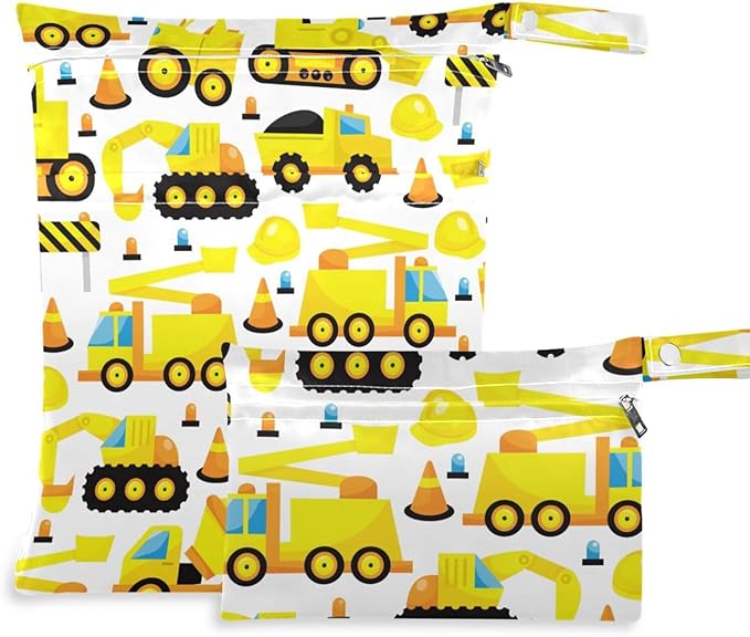 susiyo 2 Pcs Wet Dry Bag Construction Trucks Waterproof Reusable Baby Cloth Diaper Wet Bags with 2 Zipper Pockets for Breast Pump Parts Travel Beach Pool Gym Yoga Swimsuits Wet Clothes