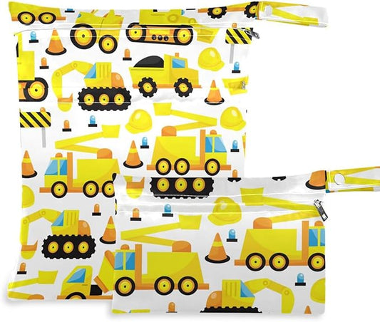 susiyo 2 Pcs Wet Dry Bag Construction Trucks Waterproof Reusable Baby Cloth Diaper Wet Bags with 2 Zipper Pockets for Breast Pump Parts Travel Beach Pool Gym Yoga Swimsuits Wet Clothes