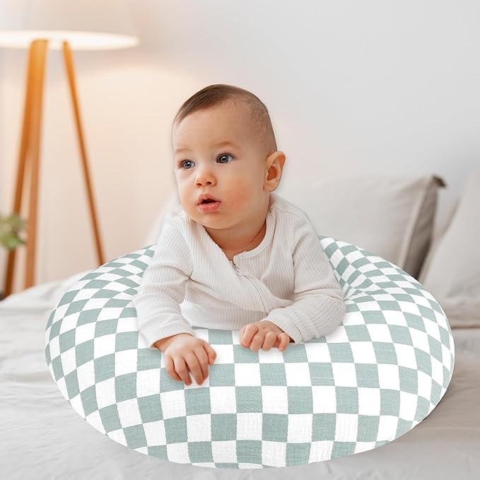 SWESEN Muslin Nursing Pillow Cover, Soft Removable Cover for Breastfeeding Pillows, Pillow Slipcover for Baby Boys and Girls, Comfortable & Breathable, Green Plaid, (Only Cover)