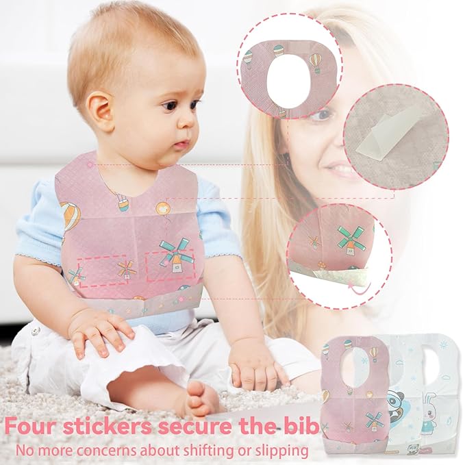 30 Pcs Disposable Bibs, Individually Packaged with Catcher and Leakproof Liner for Toddler Feeding, Baby Travel Essential for Girls