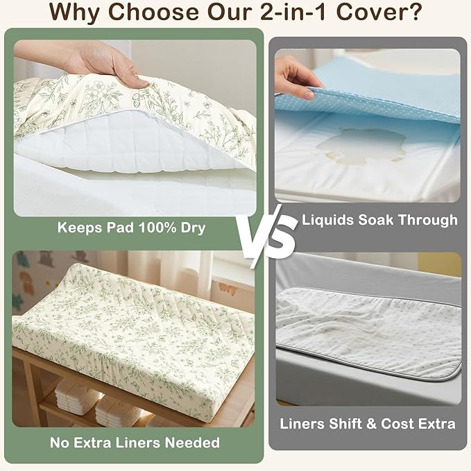 FIOBEE Changing Pad Cover Waterproof 2 Pack Quilted Diaper Change Table Sheets Breathable & Ultra Soft for Newborn Baby Boys Girls Fitted Changer Pads 32"x 16", Green Floral